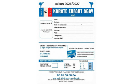 Fiche d'inscription Karaté enfants Agay